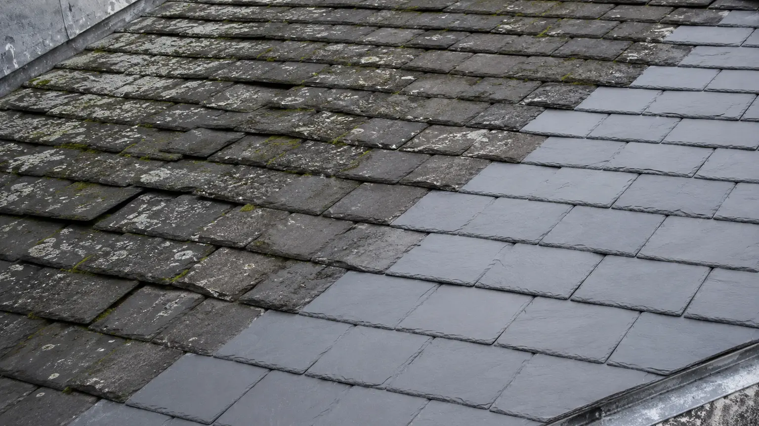 A Dublin roof with new slate on one side and worn, aged slate on the other