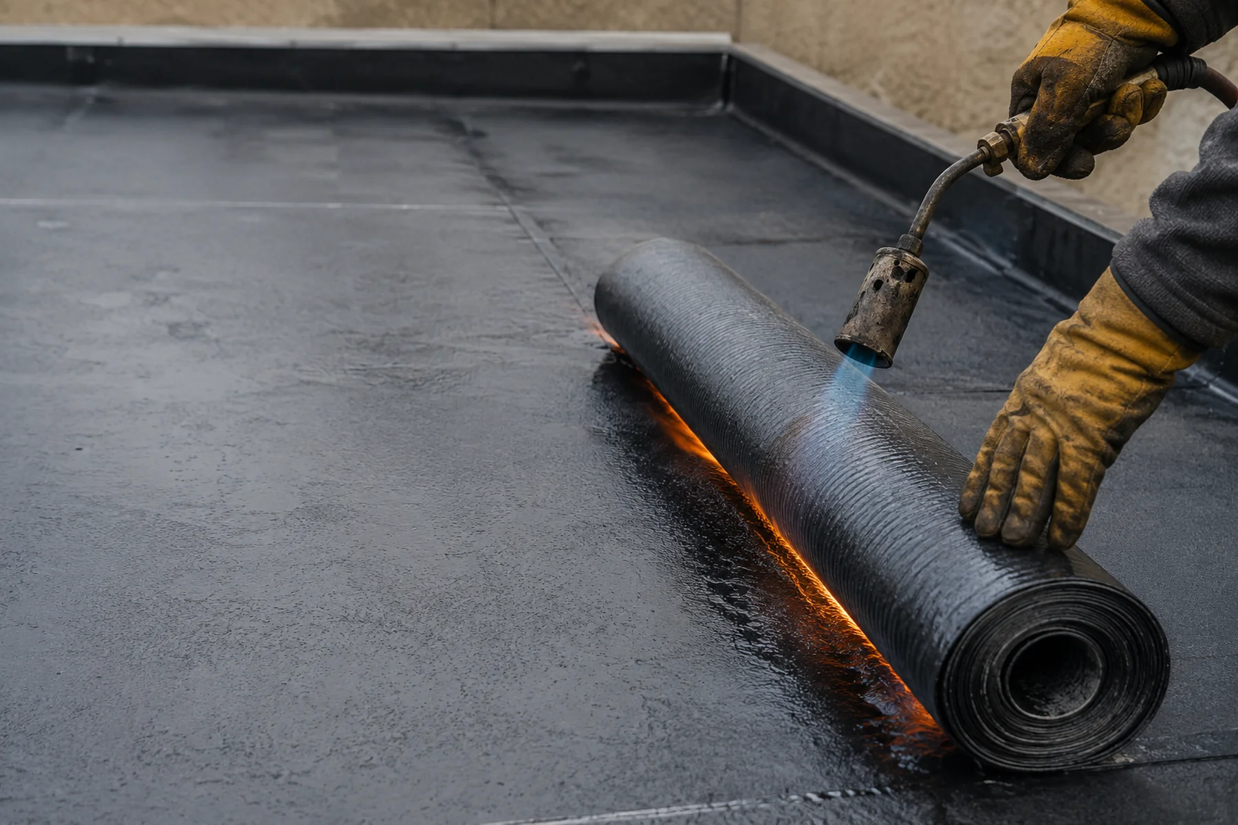 Torch-on felt being applied to a Dublin flat roof
